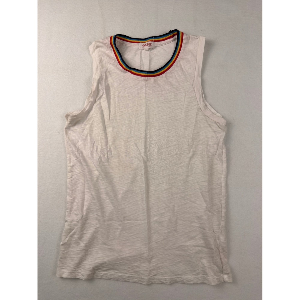 Goldie Lewinter Womens White Pima Cotton Rainbow Stripe Neck Tank Top Small